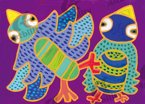 登録作品の青緑バード　ムラサキにとぶ